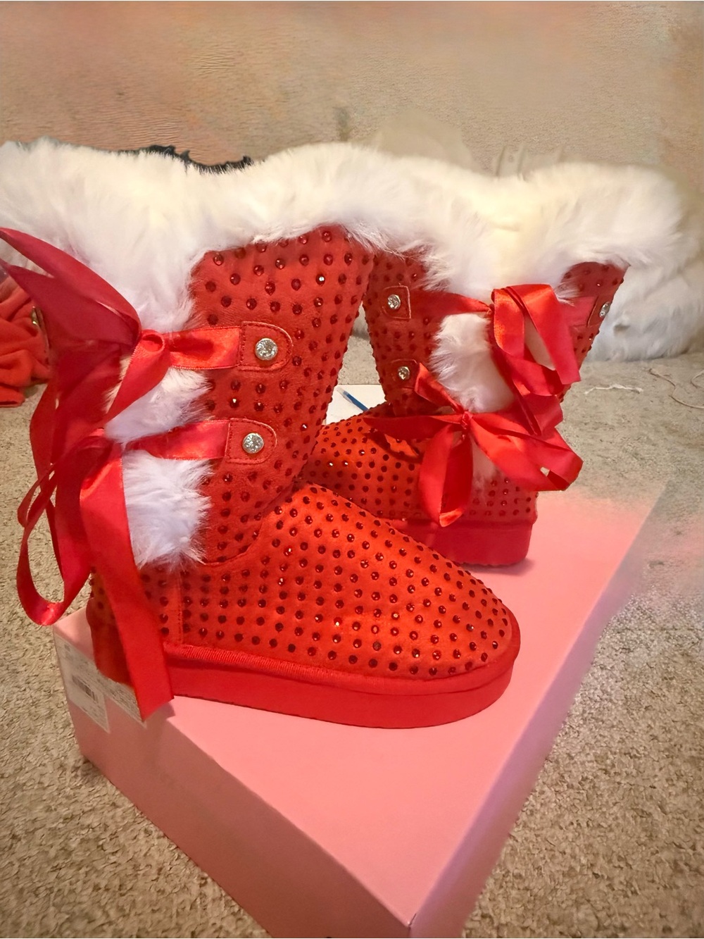 Dolls Kill Red Faux-Fur Crystal Ribbon Winter Boots